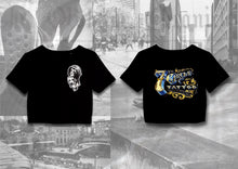 Load image into Gallery viewer, Front and back views of a 7th circle tattoo & piercing crop top