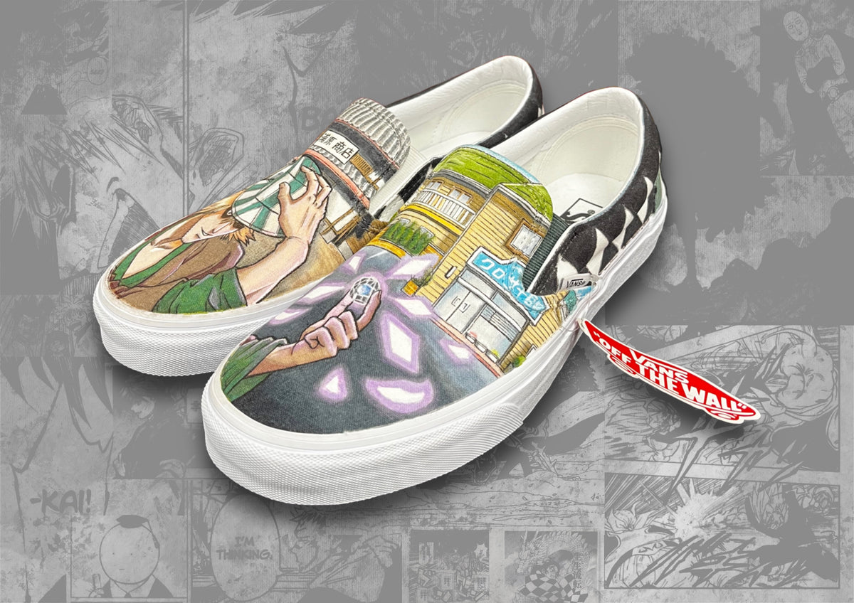 Hand drawn custom Bleach slip on vans