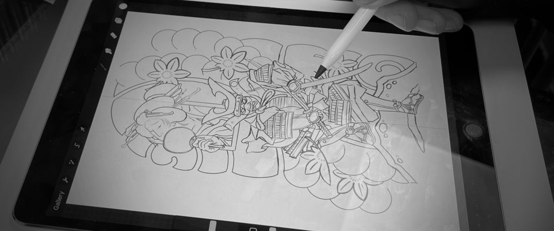 Drawing a Japanese samurai tattoo at 7th Circle tattoo & Piercing, Oldham