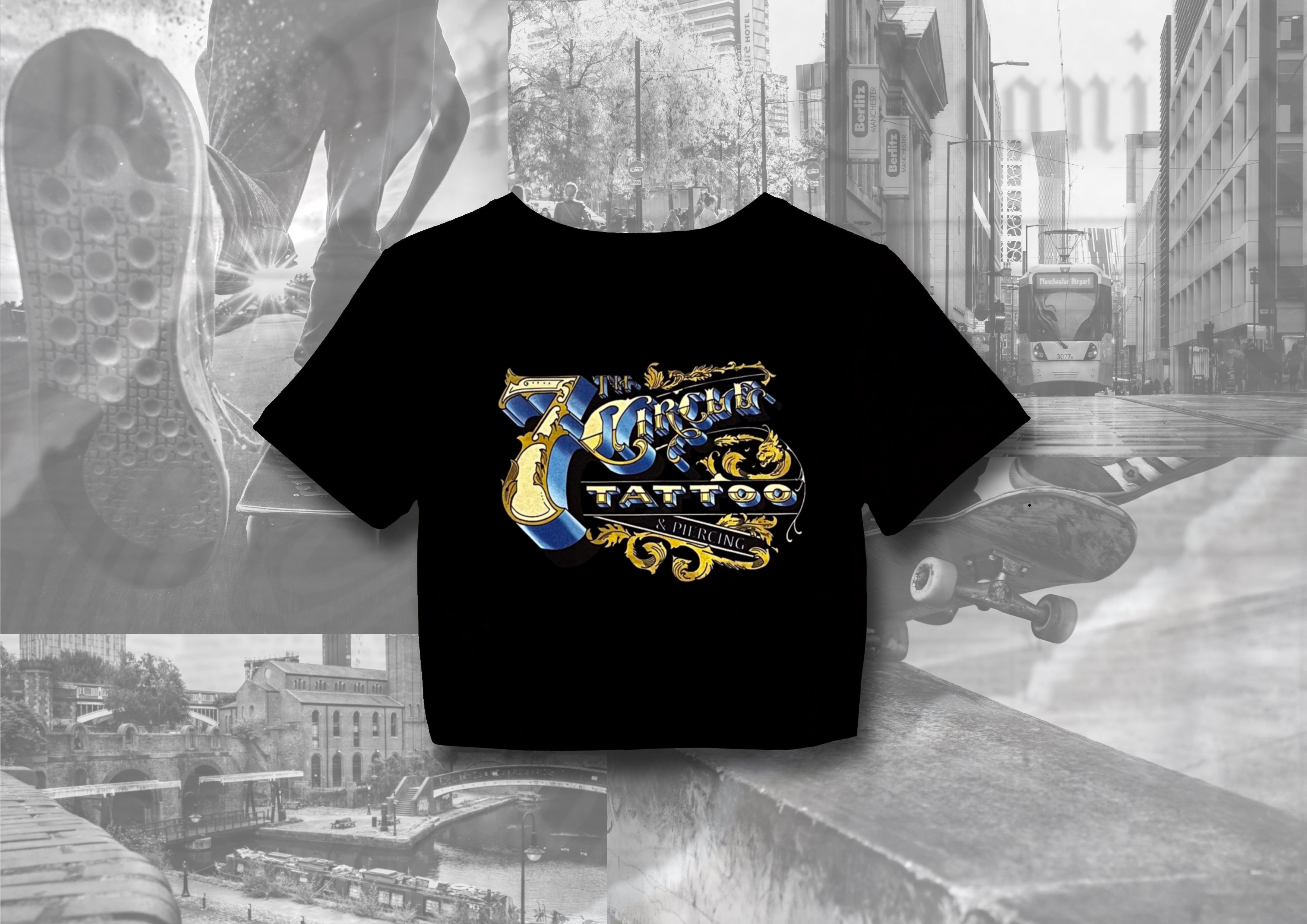 Back view of a 7th circle tattoo & piercing crop top