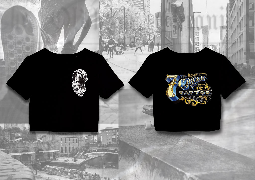 Front and back views of a 7th circle tattoo & piercing crop top