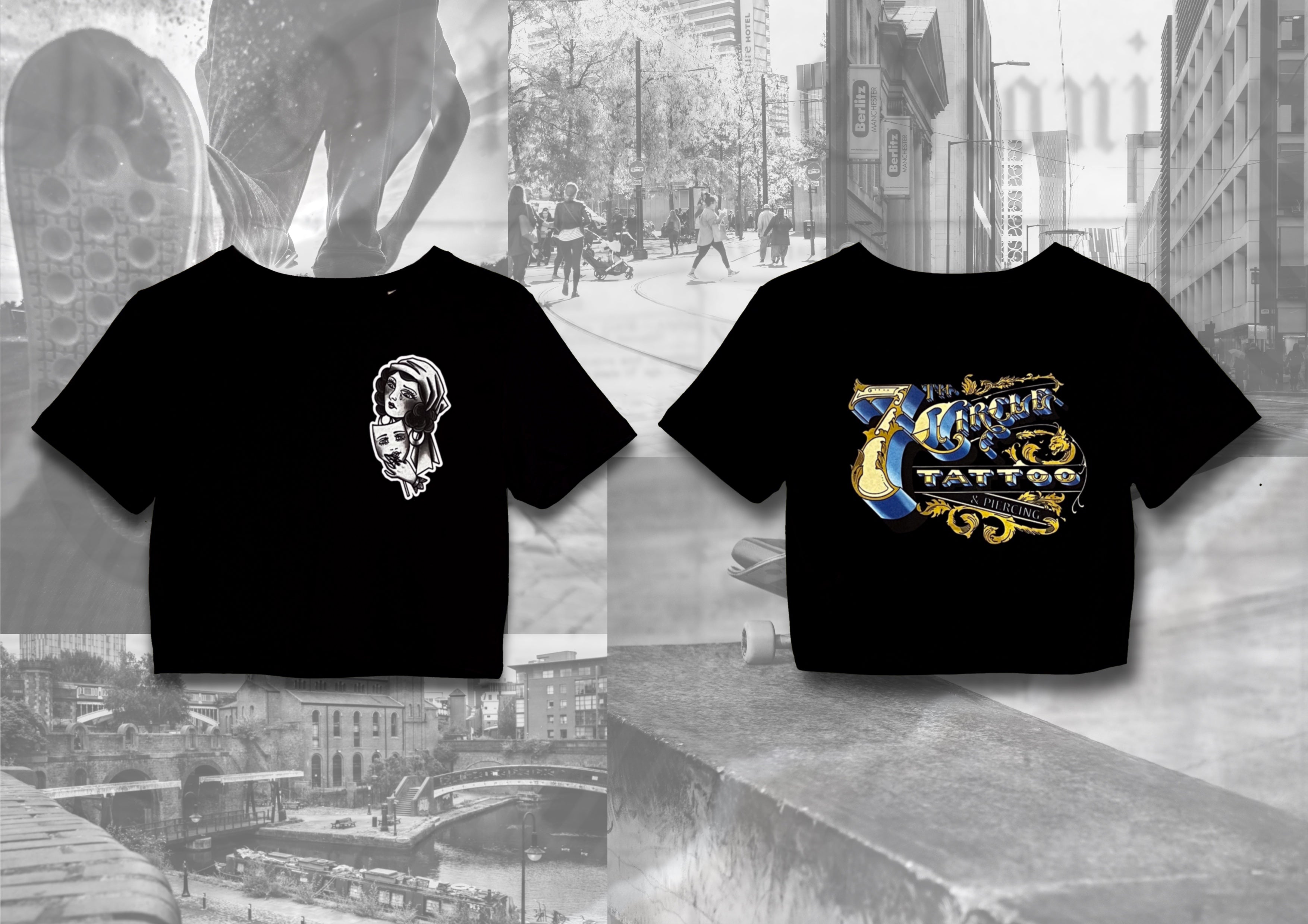 Front and back views of a 7th circle tattoo & piercing crop top