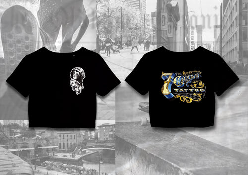 Front and back views of a 7th circle tattoo & piercing crop top