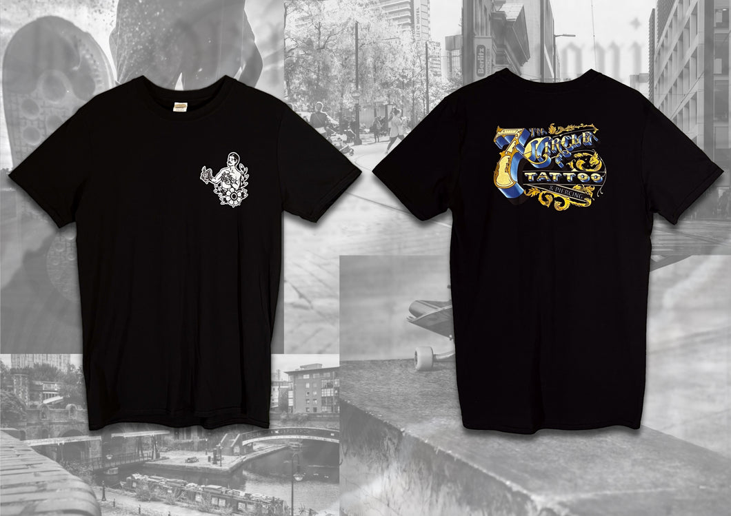 Front and back views of a 7th circle tattoo & piercing t-shirt